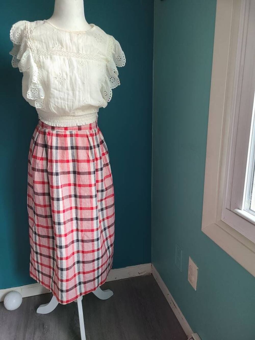 Vintage plaid midi skirt linen blend retro 80s preppy academia
